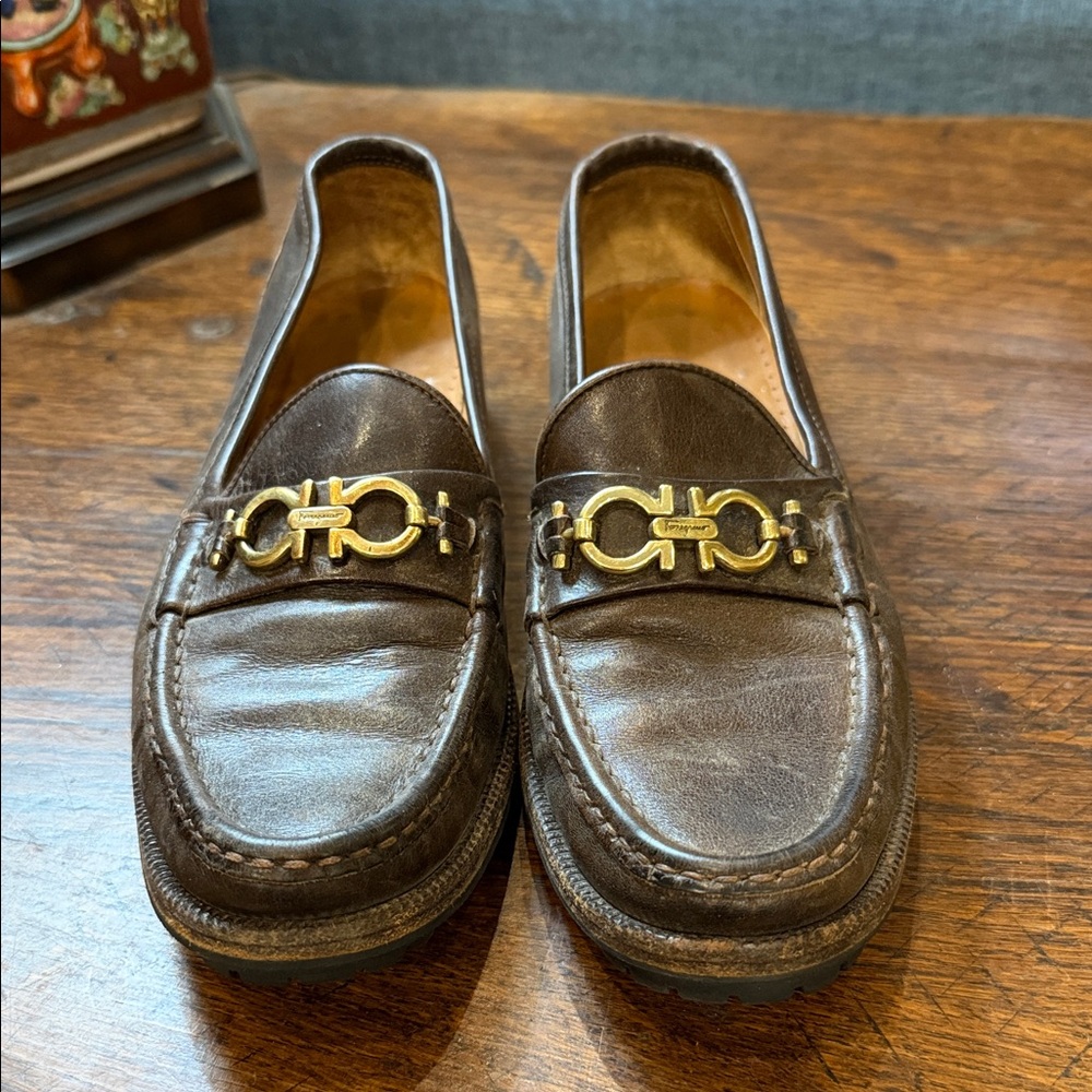 Salvatore Ferragamo Brown Leather Loafers with Gold Accents